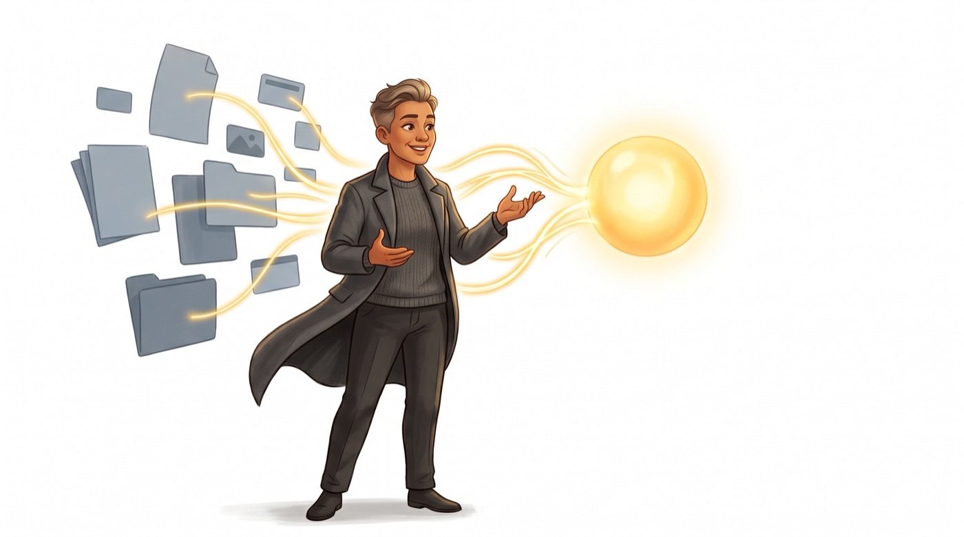 A professional asking their own business a question through an AI assistant, their files feeding in as golden energy