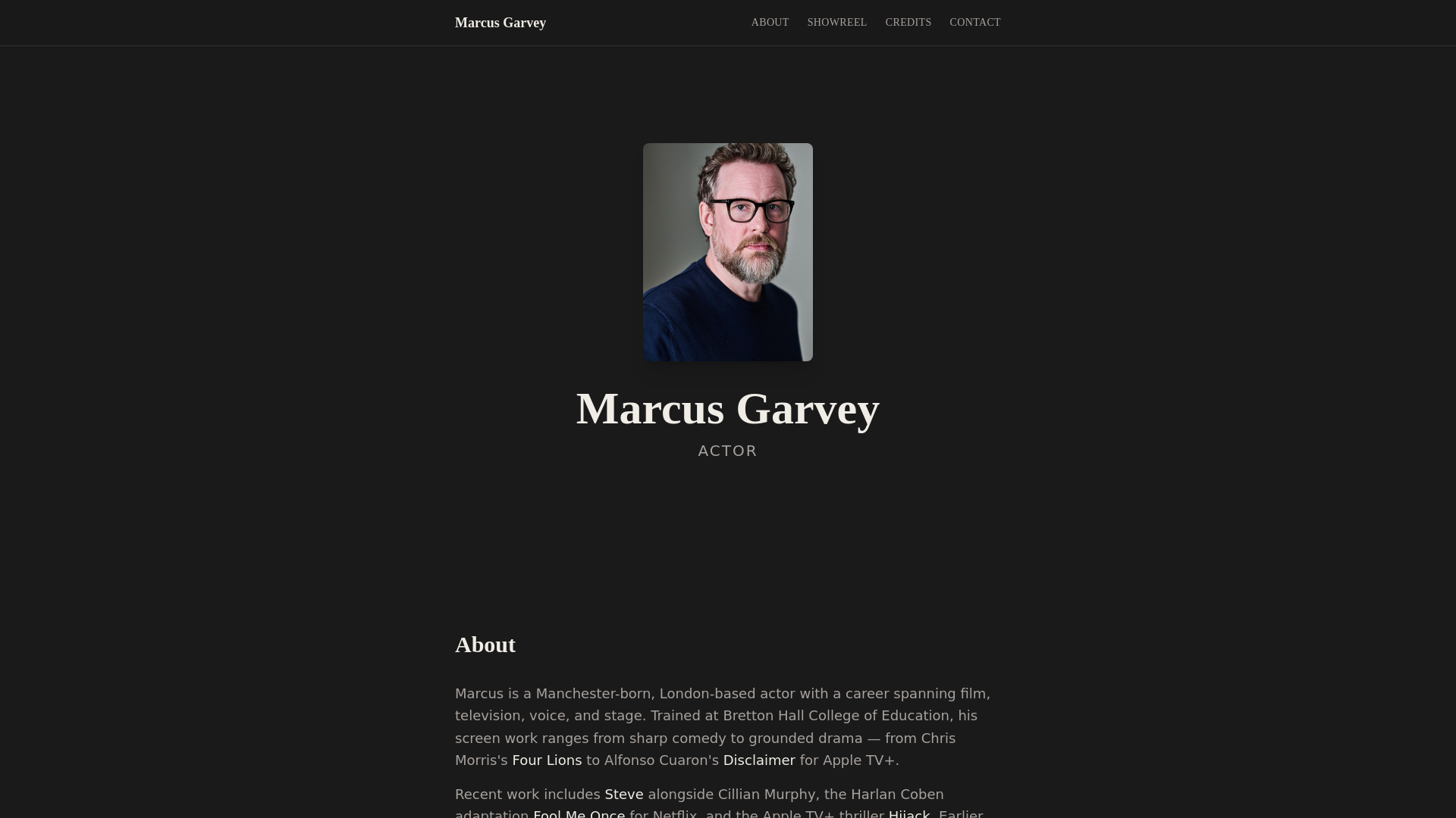 The marcusgarvey.actor homepage — an actor portfolio site with headshot and screen credits