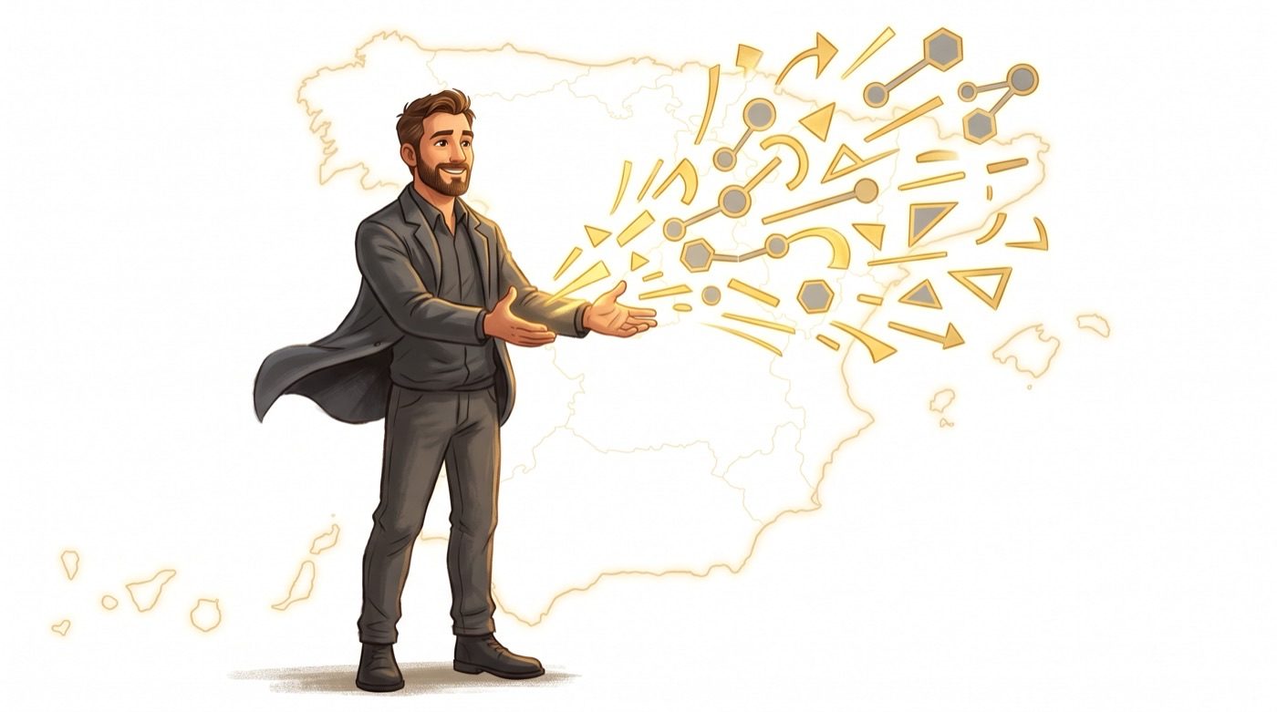 A builder freely sharing open-source AI tools across a glowing map of Spain