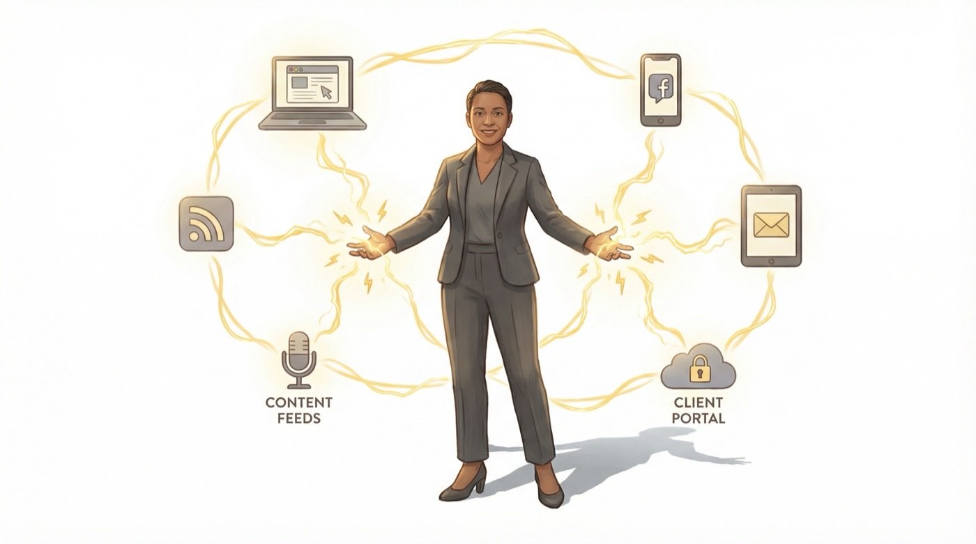 A practitioner surrounded by their tools — connected, coherent, on call