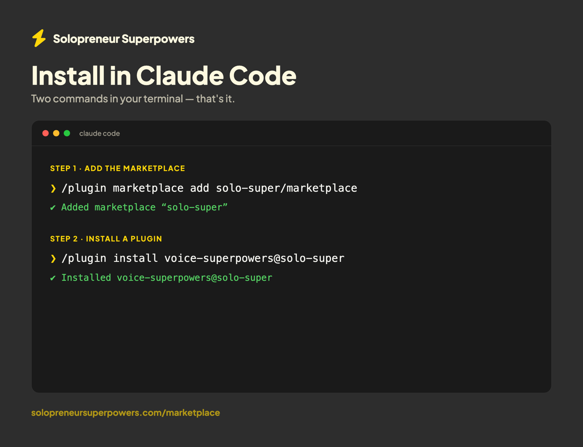 Install in Claude Code: run /plugin marketplace add solo-super/marketplace, then /plugin install voice-superpowers@solo-super