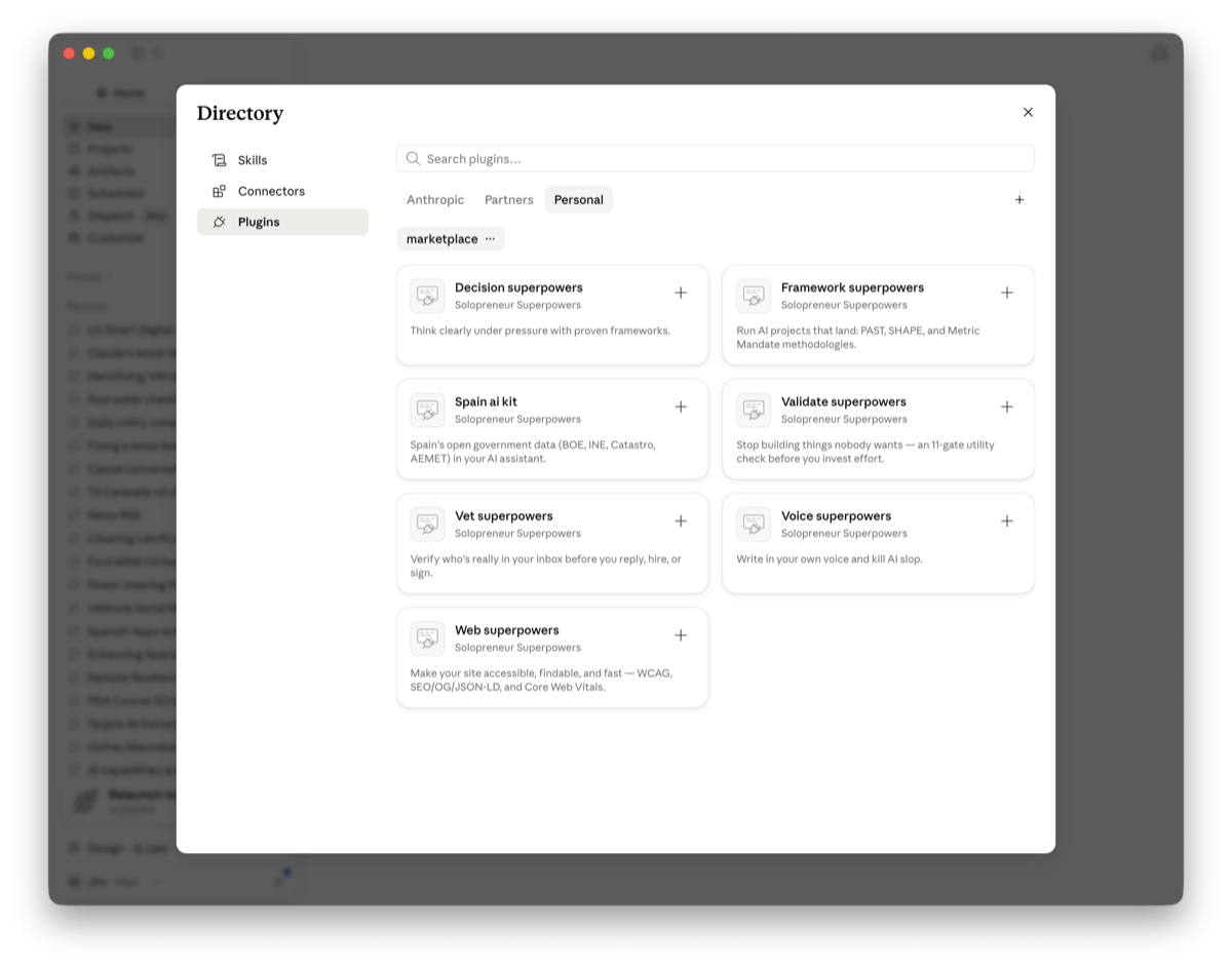 Claude Desktop plugin directory showing the Solopreneur Superpowers plugins