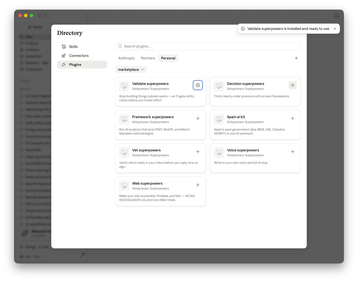 Claude Desktop confirming a Solopreneur Superpowers plugin is installed and ready to use